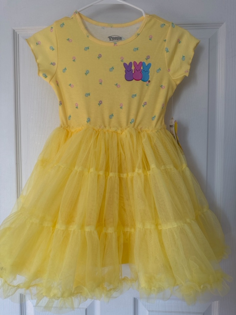 Girls Peeps Yellow Tulle Tiered Casual Kids Dress Size S (6-7)